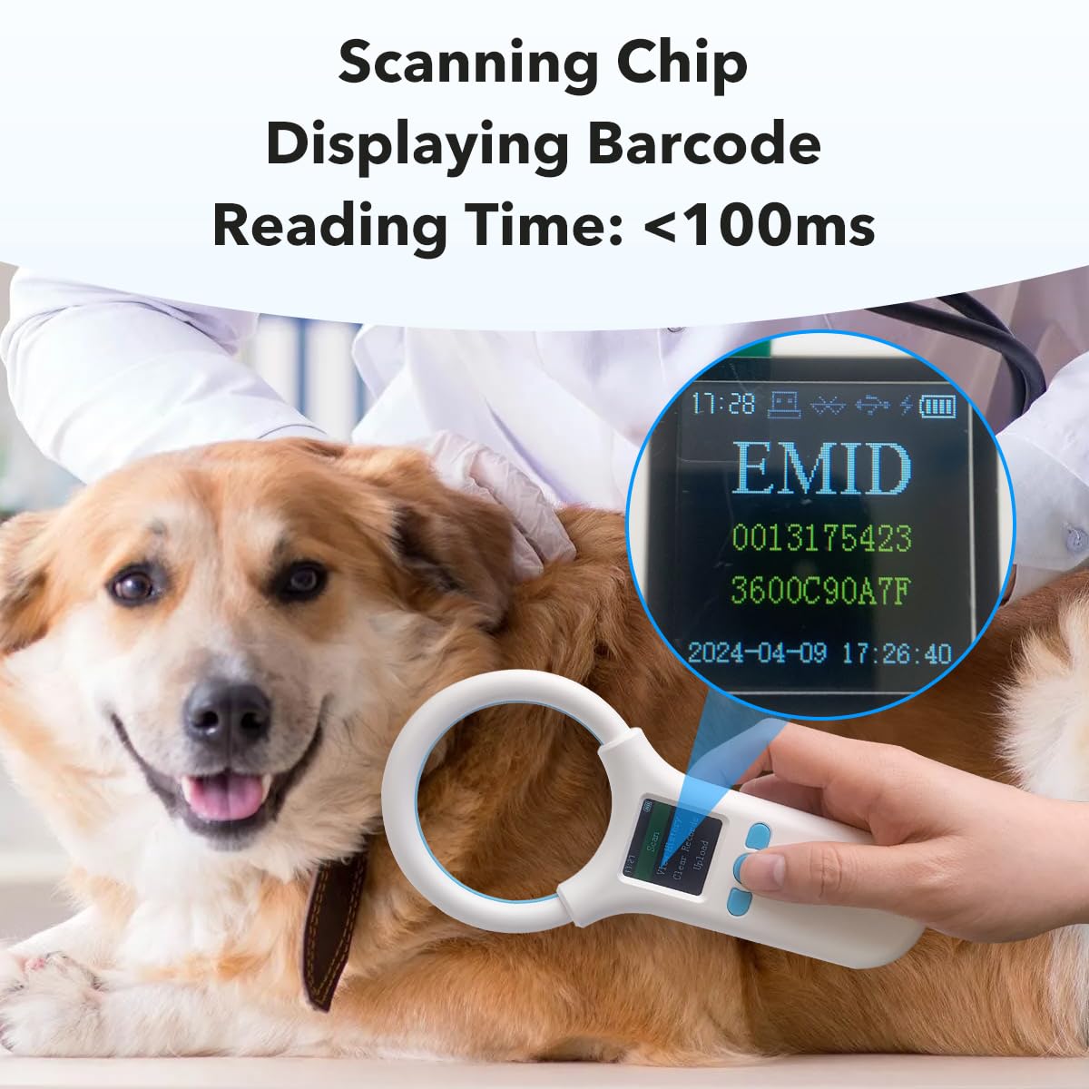 AHANIN Microchip Scanner RFID 134.2KHz/125KHz Animal Chip ID Reader EMID FDX-B(ISO11784/11785) 500 Data Storage Type-C Cable Uploading to PC