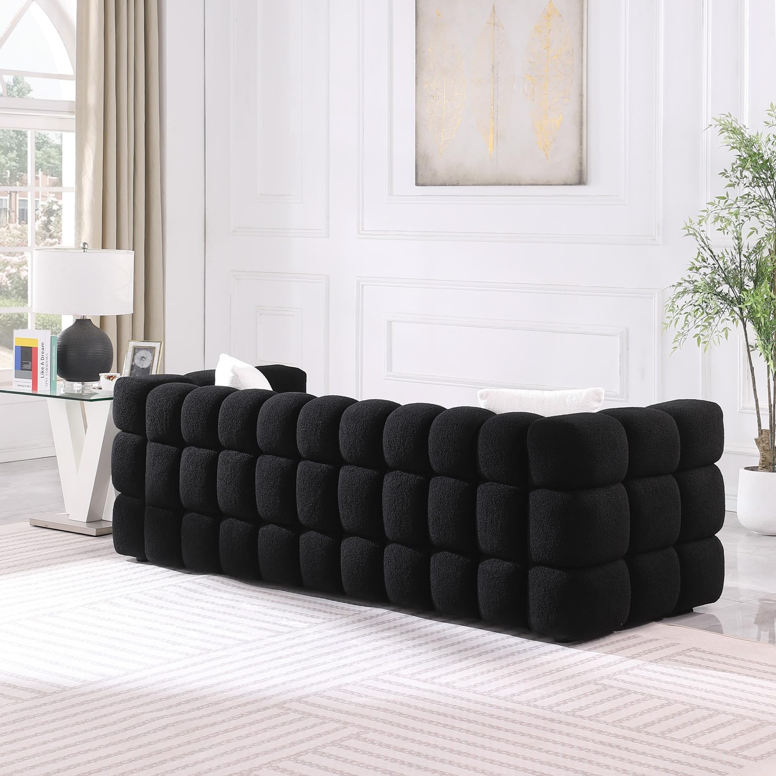 OUYESSIR 84" Modern Teddy Cloud Sofa for Living Room, Comfy Boucle Tufted 3-Seater Standard Sofa, Upholstery Decor Futon Couch with 2 Pillows for Apartment Bedroom, Black