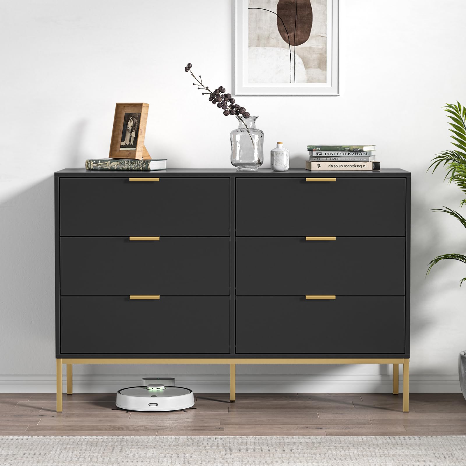 Anmytek Modern 6 Drawer Dresser, Black Dressers for Bedroom, Chest of Drawers Closet Organizers and Wood Storage Clothes, Black Dresser with Golden Handles for Living Room, Hallway