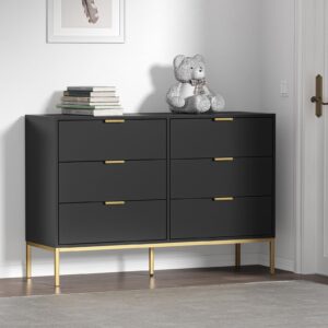 Anmytek Modern 6 Drawer Dresser, Black Dressers for Bedroom, Chest of Drawers Closet Organizers and Wood Storage Clothes, Black Dresser with Golden Handles for Living Room, Hallway