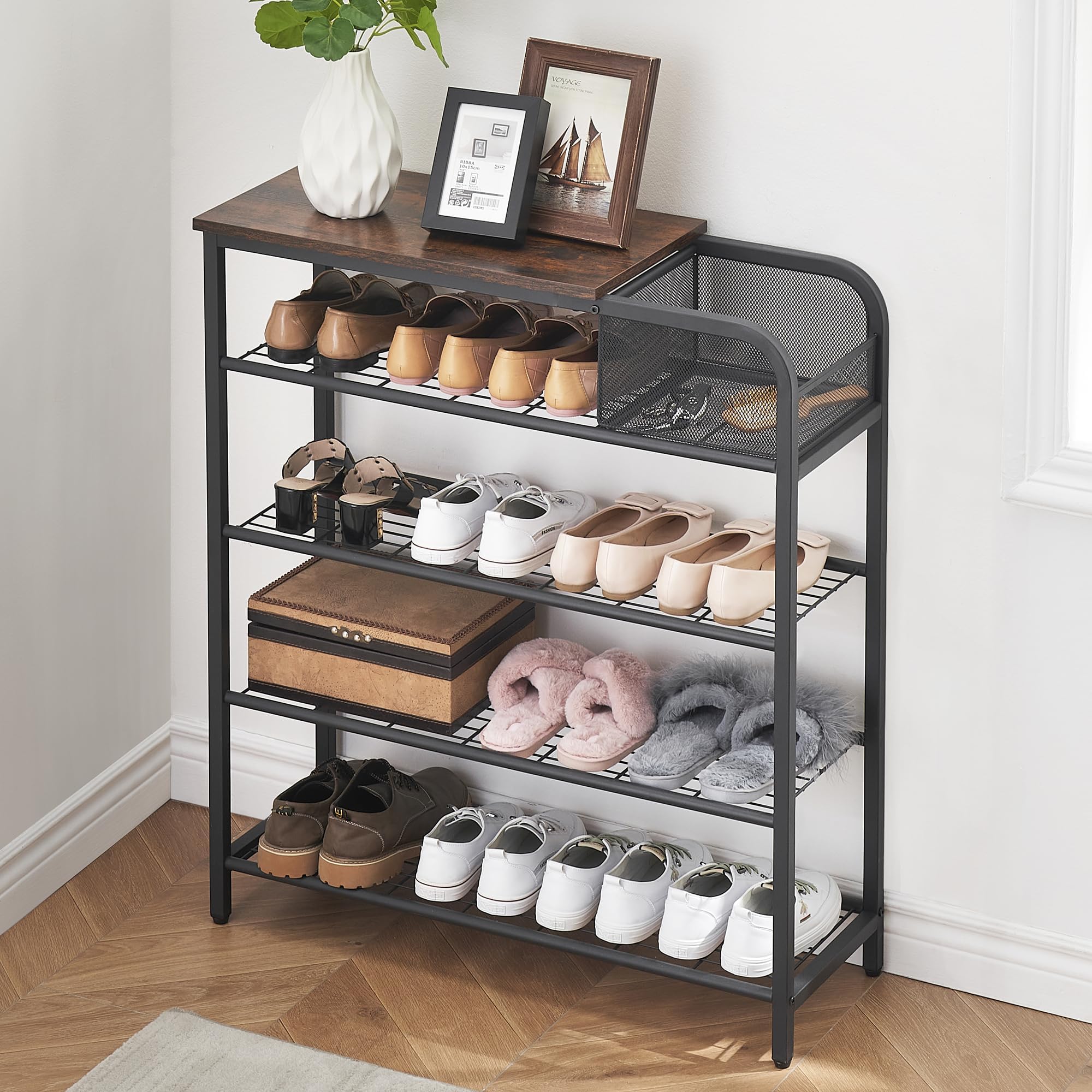 coucheta Shoe Rack for Entryway, 5 Tier Shoe Storage Rack for 12-16 Pairs of Shoes, Shoe Rack Adjustable Shoe Organizer with Sturdy Wooden Top and Mesh Storage Basket, Industrial Style, Rustic Brown