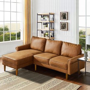 pouuin 81" small sectional sofa couches for living room,mid-century modern l-shape sofa couch with chaise,faux leather comfy chaise sofa for office apartment small space,brown