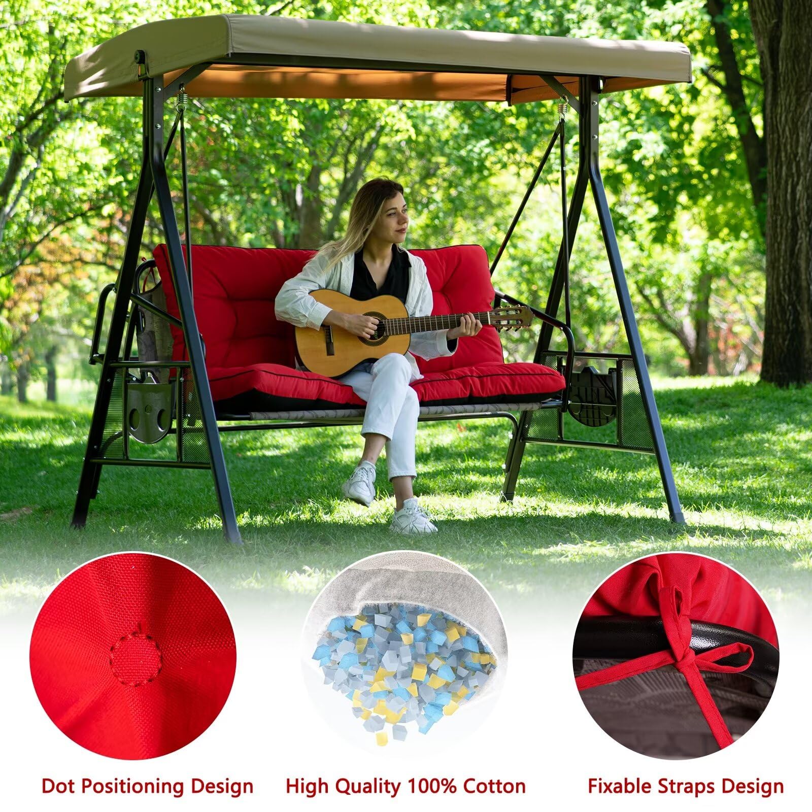 Outdoor Swing Cushions, 3 Seat Porch Swing Cushion Replacement with Backrest, Swing Cushions for Outdoor Furniture, for Patio,Backyard,Porch Garden Bench Cushion(Red 55 * 40 in)