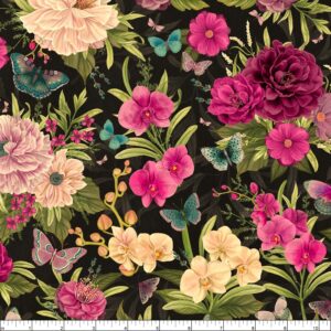 Wilmington Prints Midnight Garden Large Floral Allover, Fabric by The Yard (Black)