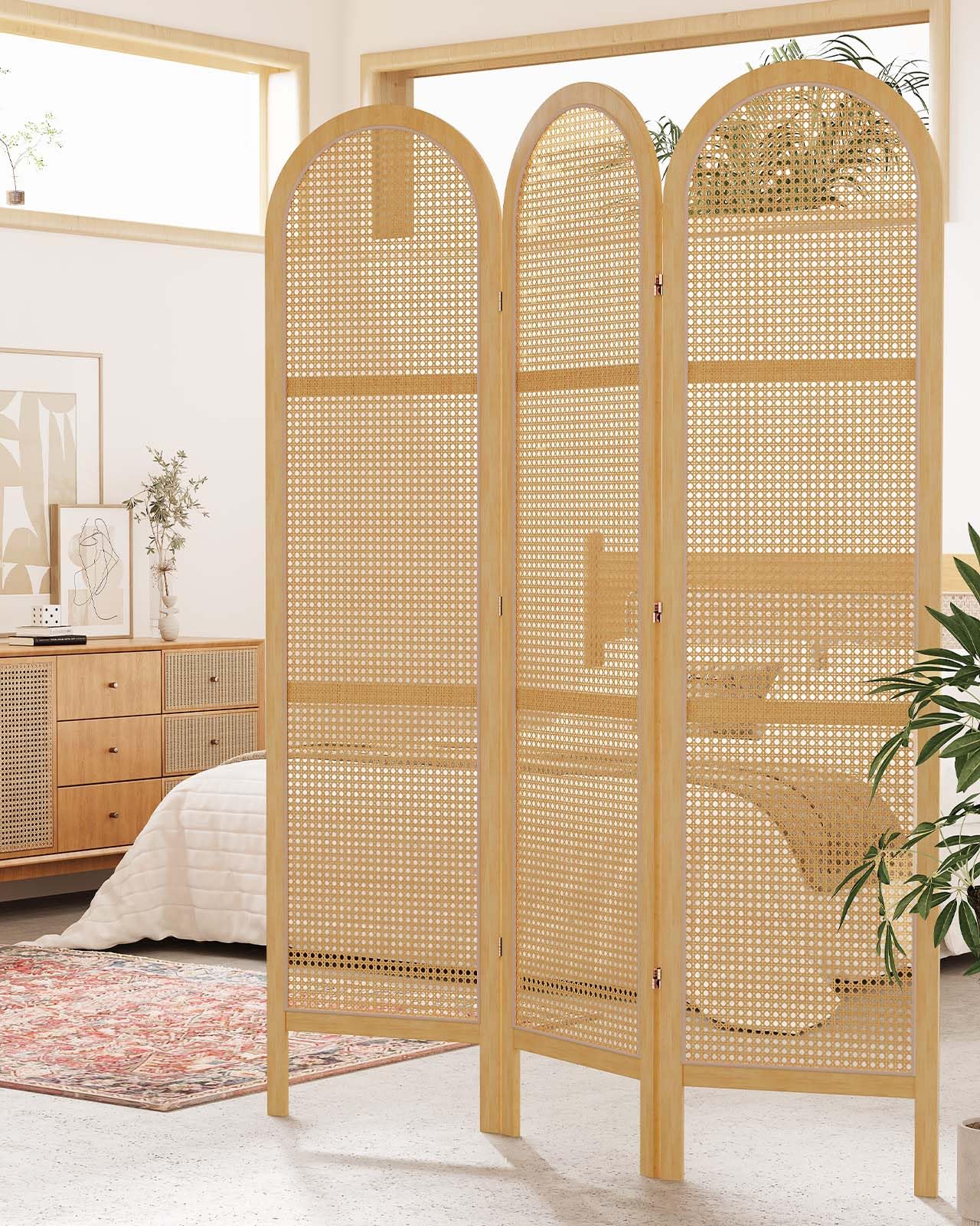 Svimi Room Dividers and Folding Privacy Screens, 5.6 Ft Double Hinged Rattan Partition Freestanding Wall Room Divider for Home - 3 Panels (Natural)