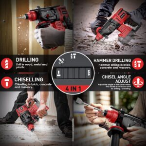 Rotary Hammer Drill For Milwaukee 18V: 1" SDS Plus Brushless Rotary Hammer - Safety Clutch 4 Application Modes Fastest Drilling For Concrete Tile Wood Wall Including 4 Drill Bits(Battery not included)