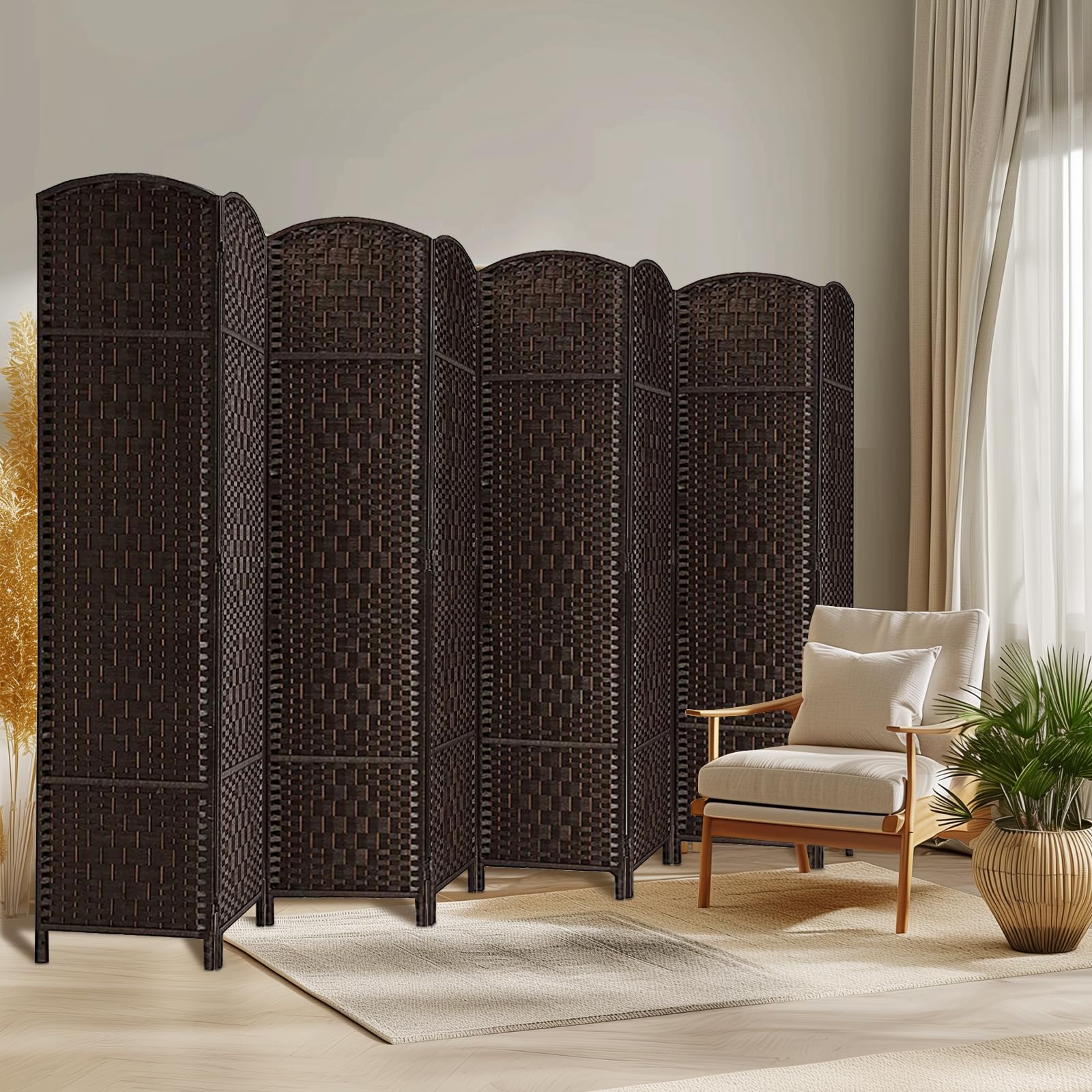 HALLYBEE Room Divider, Room Dividers and Folding Privacy Screens Privacy Screen, Divider for Room Separation Partition Room Dividers, 16" Folding Panel Screen 6FT Room Divider Wall 8 Panel, Dark Mocha