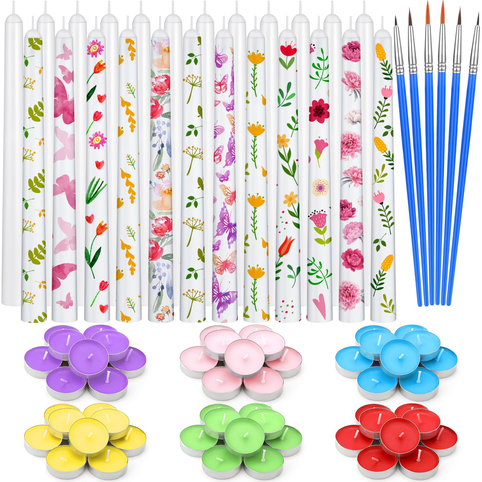 MTLEE 78 Pcs DIY Candle Painting Kit Include 12 White Taper Candles 60 Colored Tealight Candles 6 Paint Brushes for Candles Crafts Birthday Wedding Party Favors (Multi Color)