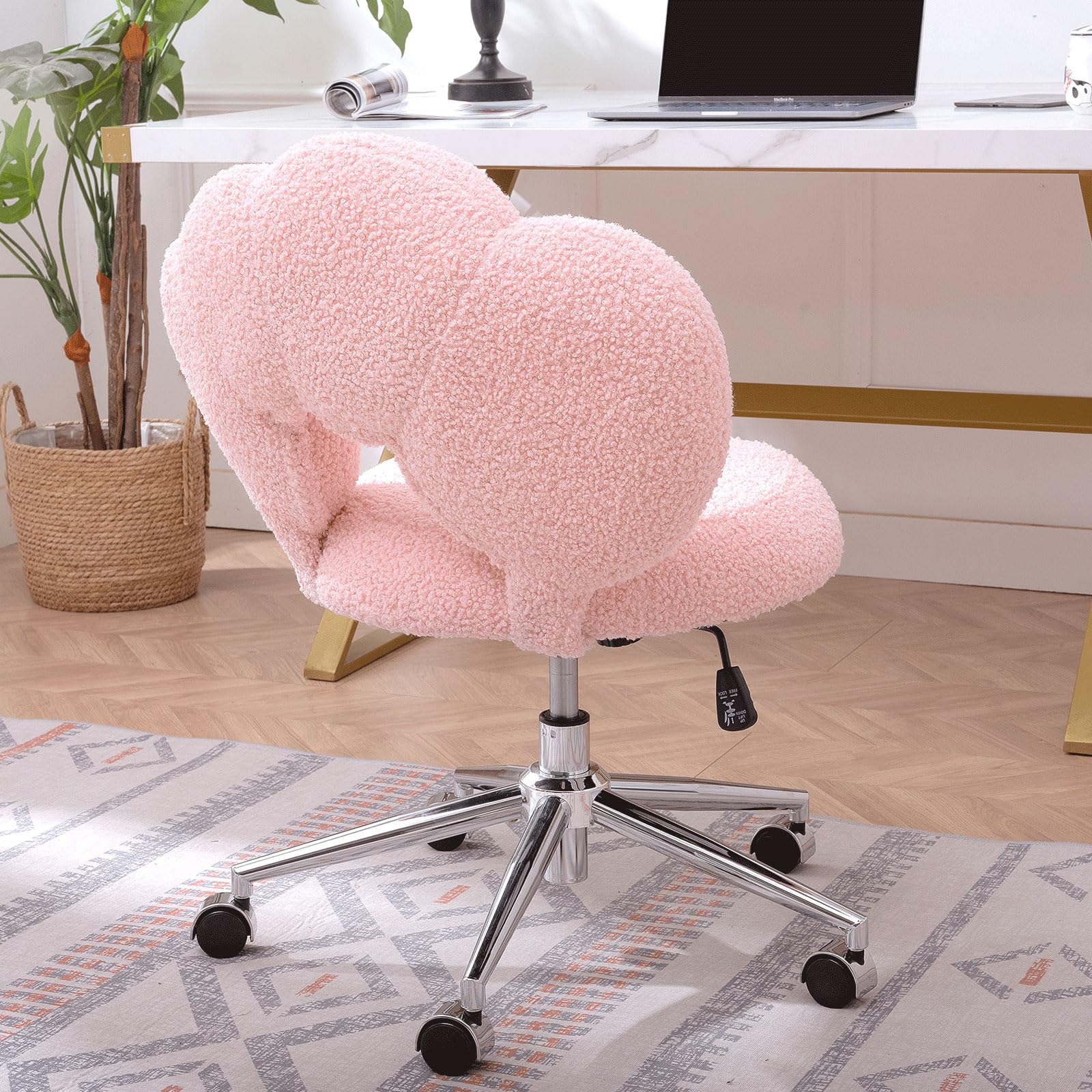 Home Office Chair Criss Cross Chair with Wheels, Upholstered Chairs with 360 Swivel, Height Adjustable Swivel Computer Task Chairs for Living Room, Bedroom, Vanity, Study（Pink）