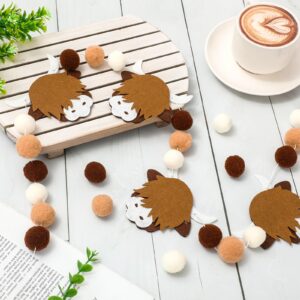 JarThenaAMCS 3Pcs Highland Cow Felt Garland Cute Brown Cow Hanging Banner Brown White Pom Ball Banner for Cowboy Birthday Party Baby Shower Party Supplies