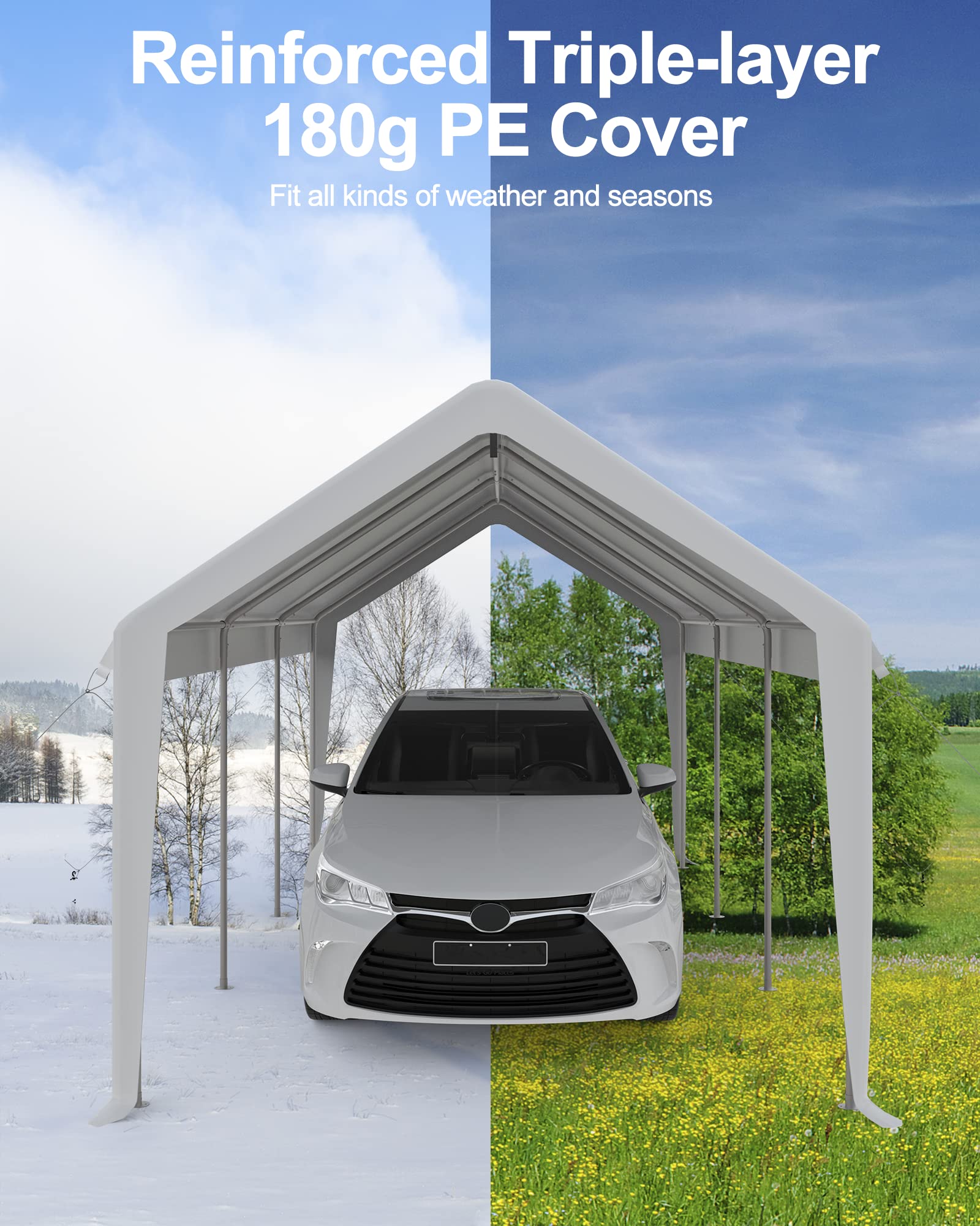 DEXSO 13'x20' Heavy Duty Carport Canopy, Portable Garage with Reinforced Frame, for Full-Size Pickup, Bass Boat, and Equipment, White