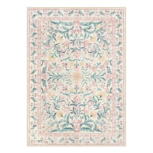 Lahome Pink Boho Rugs for Living Room 5x7, Washable Area Rugs for Bedroom Girls Non Slip, Soft Floral Low-Pile Nursery Carpet for Dining Room Kids Room Indoor, Pink/Multi