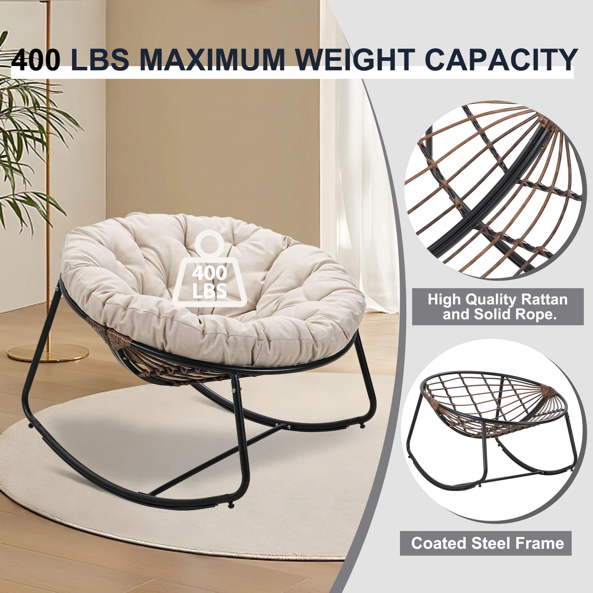 ZJEYEJZ Outdoor Rocking Chair, Indoor & Outdoor Comfy Oversized Papasan Chair with Padded Cushion, Oversized Metal Frame Egg Chair for Living Room, Patio, Front Porch, Backyard