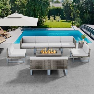 SUNPEAK Patio Furniture Set Outdoor Furniture Sectional Couch Fire Pit Table and Chairs Set with Propane Firepit (Light Brown Wicker, 9 pcs/42‘’ Rectangular Fire Pit)