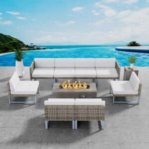 sunpeak patio furniture set outdoor furniture sectional couch fire pit table and chairs set with propane firepit (light brown wicker, 9 pcs/42‘’ rectangular fire pit)