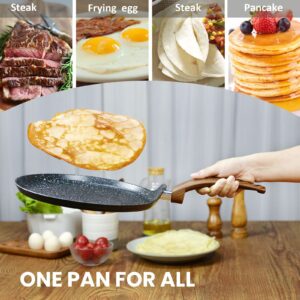 Crepe Pan Nonstick with Spreader Spatula, 11'' Granite Stone Coating Dosa Tawa Pan, Flat Skillet Grill for Tortilla, Omelette, Pancake Induction Bottom Glass, Ceramic, Gas Stove Top, Wooden Handle