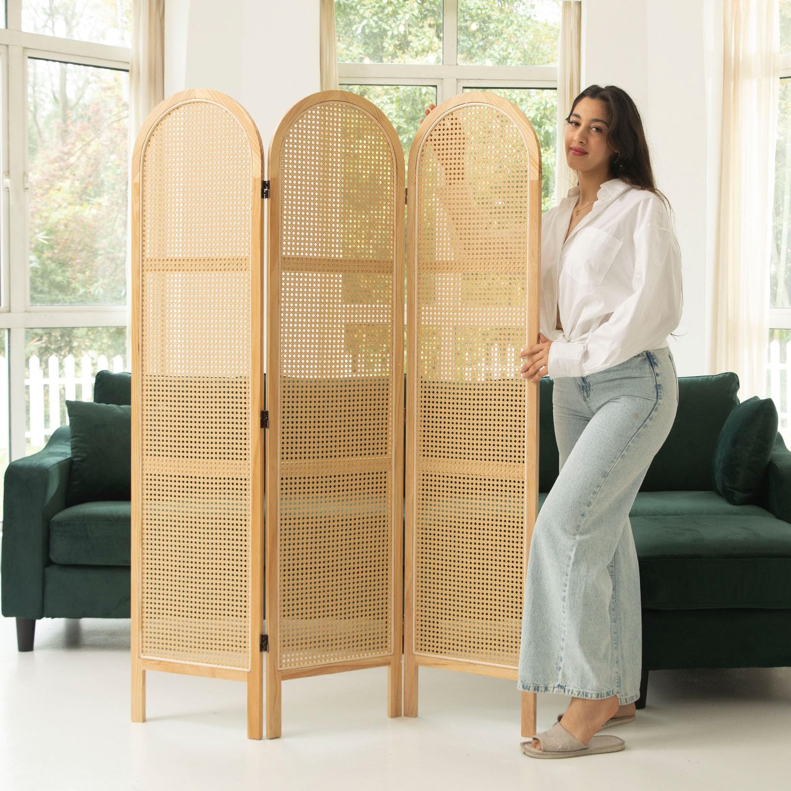 Svimi Room Dividers and Folding Privacy Screens, 5.6 Ft Double Hinged Rattan Partition Freestanding Wall Room Divider for Home - 3 Panels (Natural)