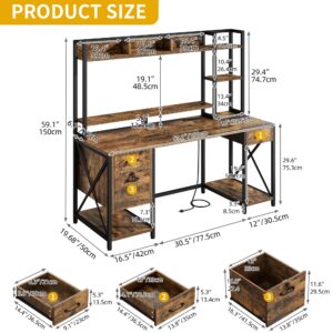 DWVO Computer Desk with Drawers & Hutch, 59.1" Office Desk with Power Outlets & LED Lights, Home Office Desk with Storage Shelves, Rustic Brown