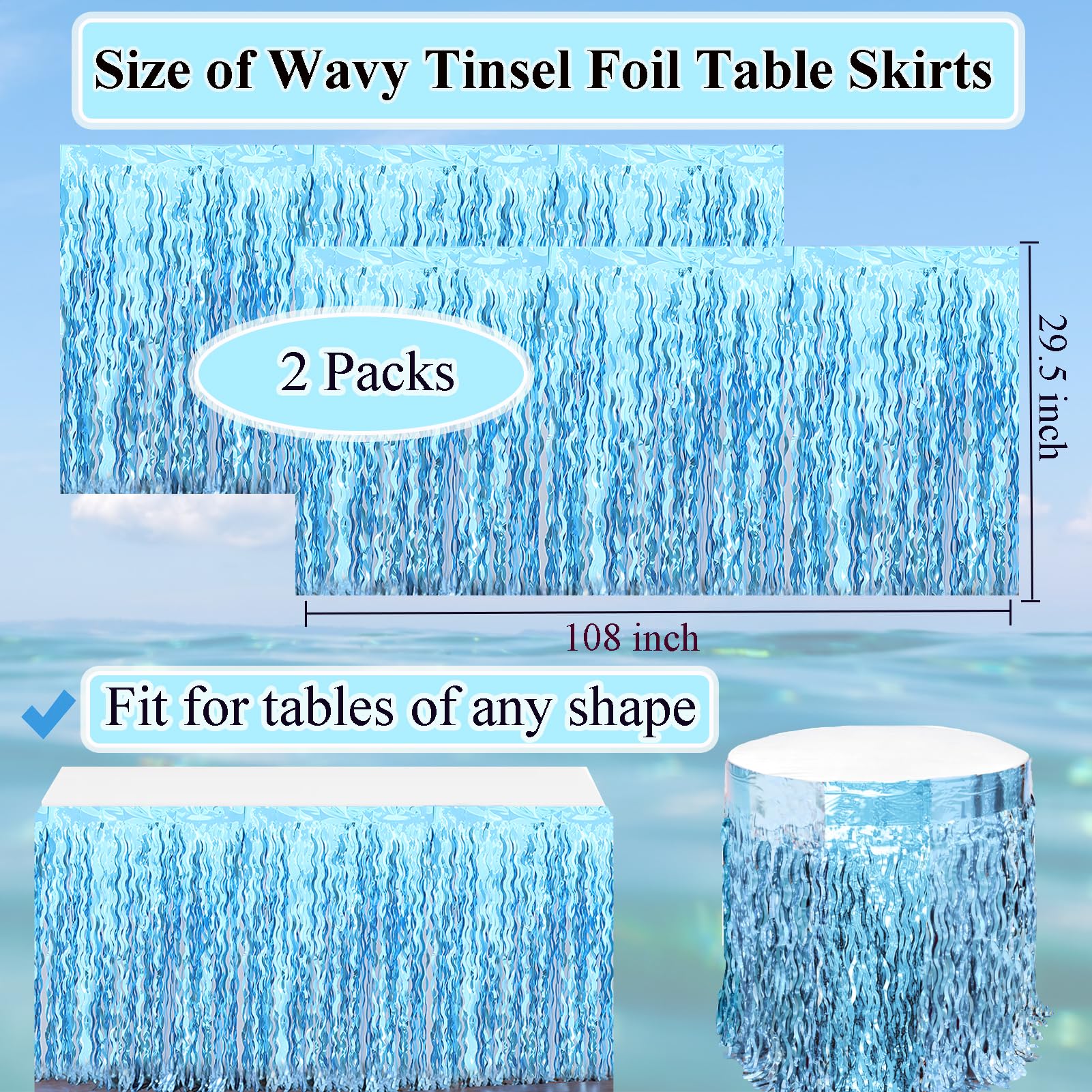 BUDICOOL 2 Pack Teal Blue Shiny Wavy Tinsel Foil Fringe Table Skirts Table Decorations for Mermaid Birthday Decorations,Under The Sea Party Decorations,Baby Shark Birthday Decorations