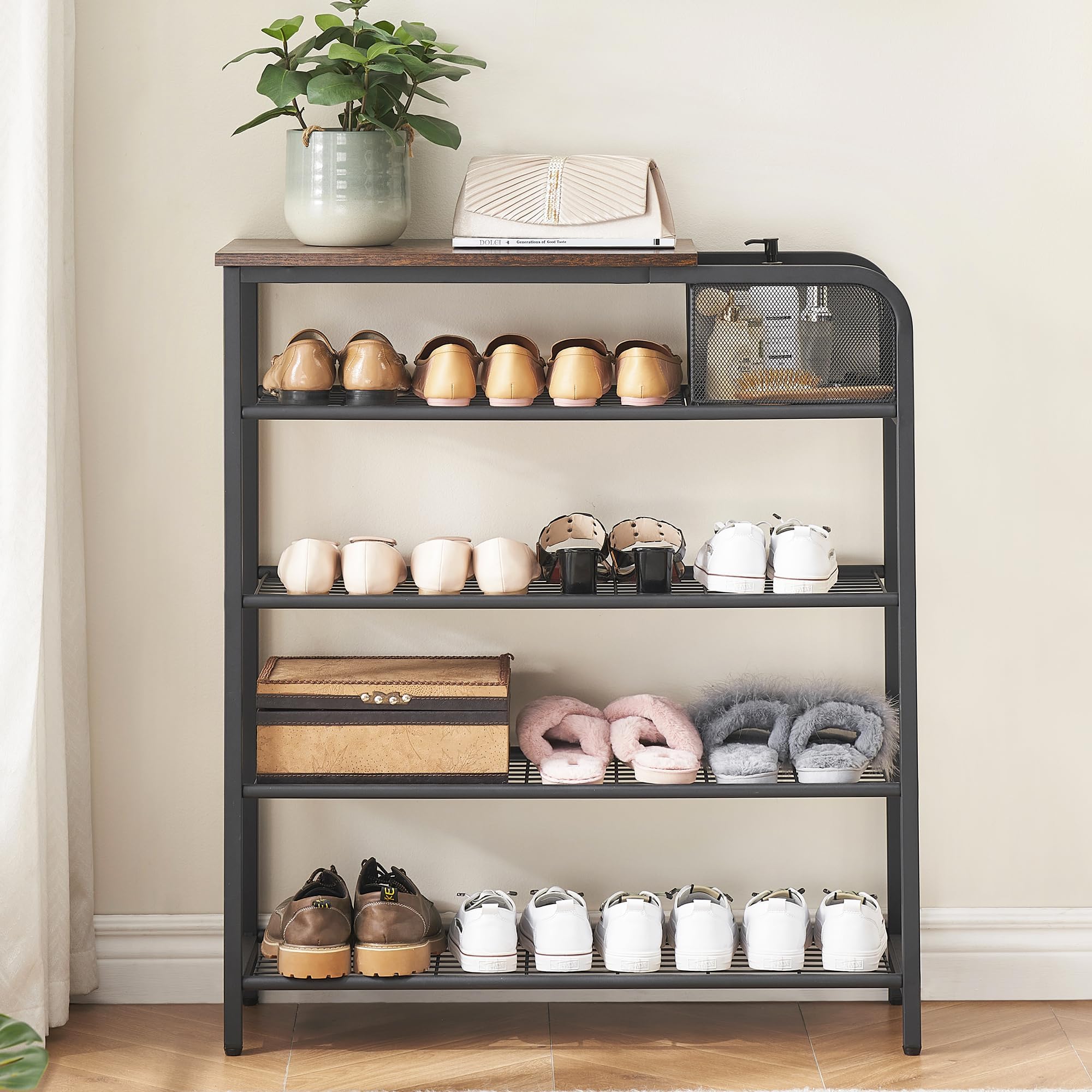 coucheta Shoe Rack for Entryway, 5 Tier Shoe Storage Rack for 12-16 Pairs of Shoes, Shoe Rack Adjustable Shoe Organizer with Sturdy Wooden Top and Mesh Storage Basket, Industrial Style, Rustic Brown