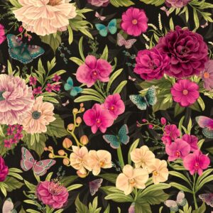 wilmington prints midnight garden large floral allover, fabric by the yard (black)