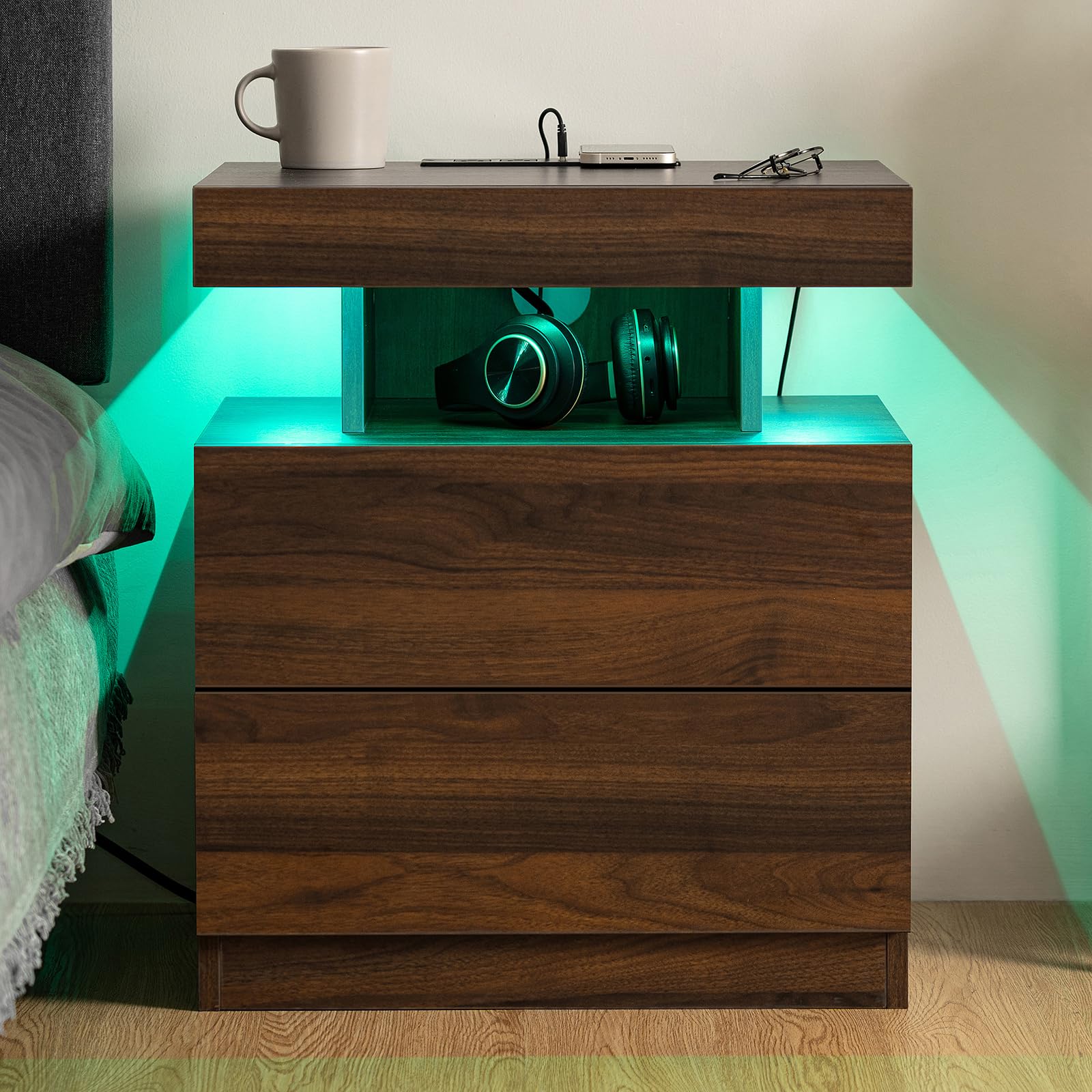 HOMMPA Rustic Nightstand with Wireless Charging Station LED Bedside Table with 2 Drawers End Table with Open Shelf Smart Nightstand USB Night Stand with Led Light for Bedroom Dark Walnut Wood