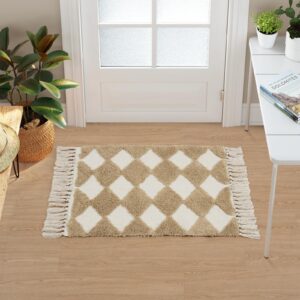 Collive Checkered Boho Bathroom Rugs, 2x3 Small Cute Throw Rug for Bedroom Modern Washable Bath Mats Cotton Woven Tufted Rug, Farmhouse Entryway for Kitchen Laundry Entrance Decor, Khaki