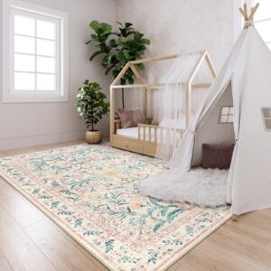 Lahome Pink Boho Rugs for Living Room 5x7, Washable Area Rugs for Bedroom Girls Non Slip, Soft Floral Low-Pile Nursery Carpet for Dining Room Kids Room Indoor, Pink/Multi