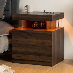 HOMMPA Rustic Nightstand with Wireless Charging Station LED Bedside Table with 2 Drawers End Table with Open Shelf Smart Nightstand USB Night Stand with Led Light for Bedroom Dark Walnut Wood