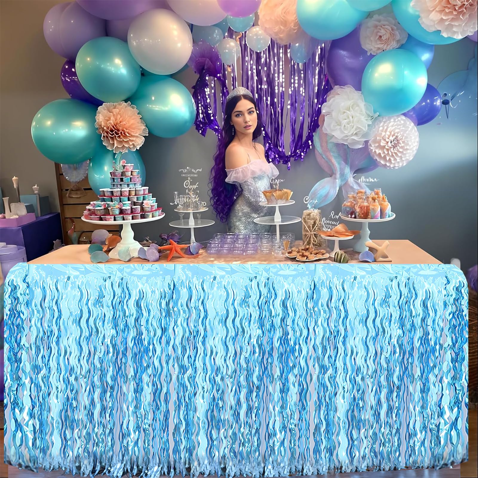 BUDICOOL 2 Pack Teal Blue Shiny Wavy Tinsel Foil Fringe Table Skirts Table Decorations for Mermaid Birthday Decorations,Under The Sea Party Decorations,Baby Shark Birthday Decorations