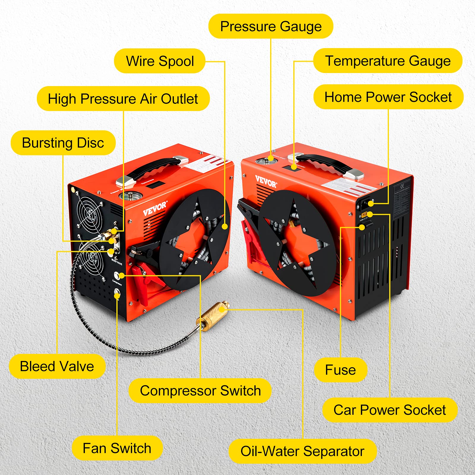 VEVOR PCP Air Compressor, Auto-stop Portable PCP Airgun Compressor, Powered by DC 12V Car or Home AC 110V/220V, 4500Psi/30Mpa w/Built-in Water/Oil Adapter & Cooling Fan for Paintball, Scuba, Air Rifle