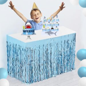 BUDICOOL 2 Pack Teal Blue Shiny Wavy Tinsel Foil Fringe Table Skirts Table Decorations for Mermaid Birthday Decorations,Under The Sea Party Decorations,Baby Shark Birthday Decorations