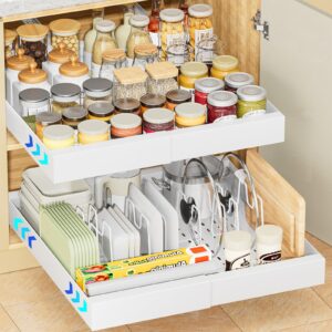 ovicar pull out cabinet organizer - expandable slide out drawer - 21" deep adhesive storage shelf with 4pcs divider racks for kitchen pantry bathroom home, 12.2"-20.7" w, white