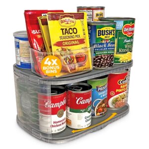 mighty susan kitchen organizer for canned goods: 2-tiered robust turntable organizer for cabinet/pantry. steel reinforced holds up to 30 lbs. rotates 360° for maximum visibility. includes 4 bonus bins