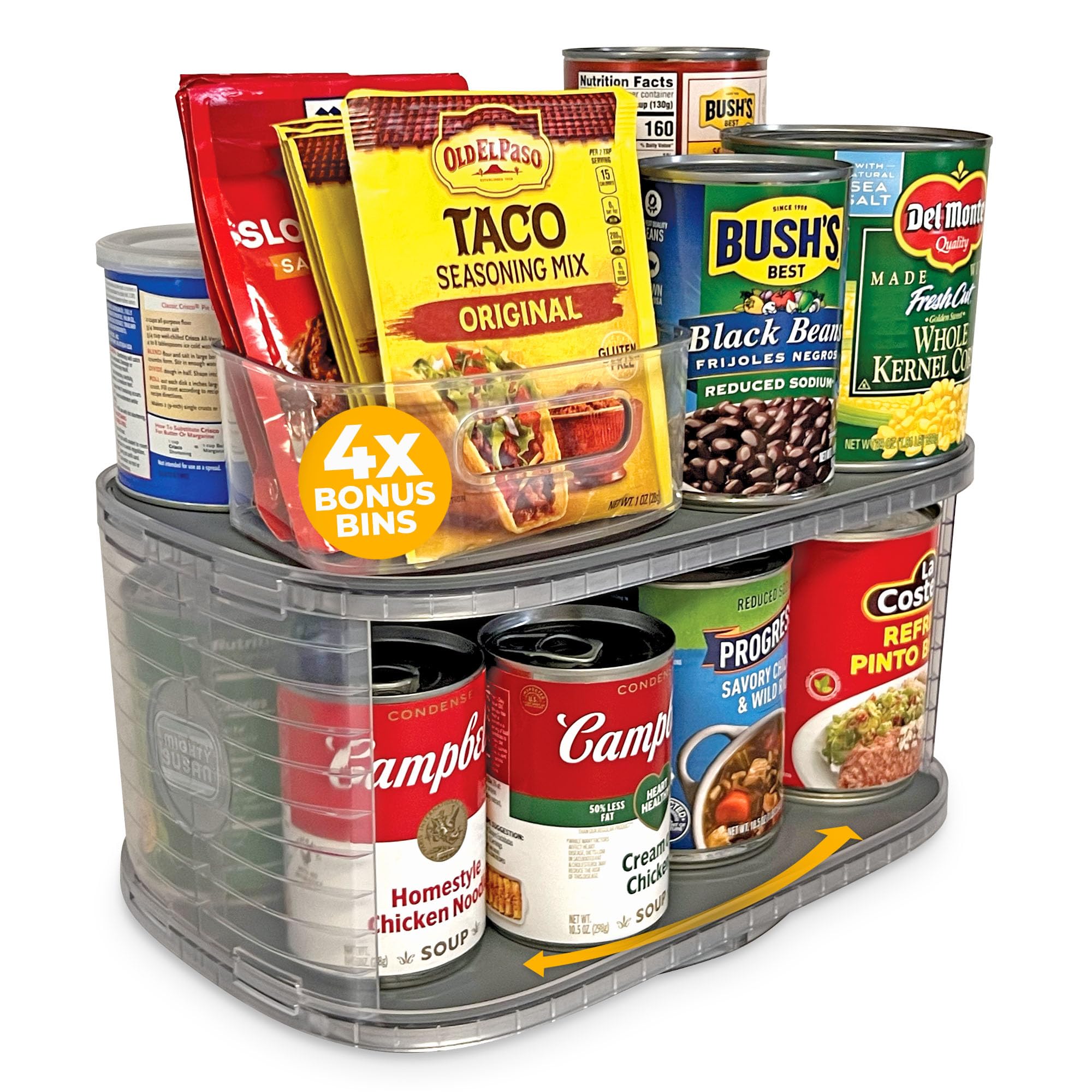 Mighty Susan Kitchen Organizer for Canned Goods: 2-Tiered Robust Turntable Organizer for Cabinet/Pantry. Steel Reinforced Holds Up To 30 lbs. Rotates 360° for Maximum Visibility. Includes 4 Bonus Bins