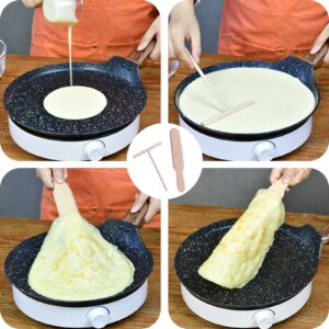 Crepe Pan Nonstick with Spreader Spatula, 11'' Granite Stone Coating Dosa Tawa Pan, Flat Skillet Grill for Tortilla, Omelette, Pancake Induction Bottom Glass, Ceramic, Gas Stove Top, Wooden Handle