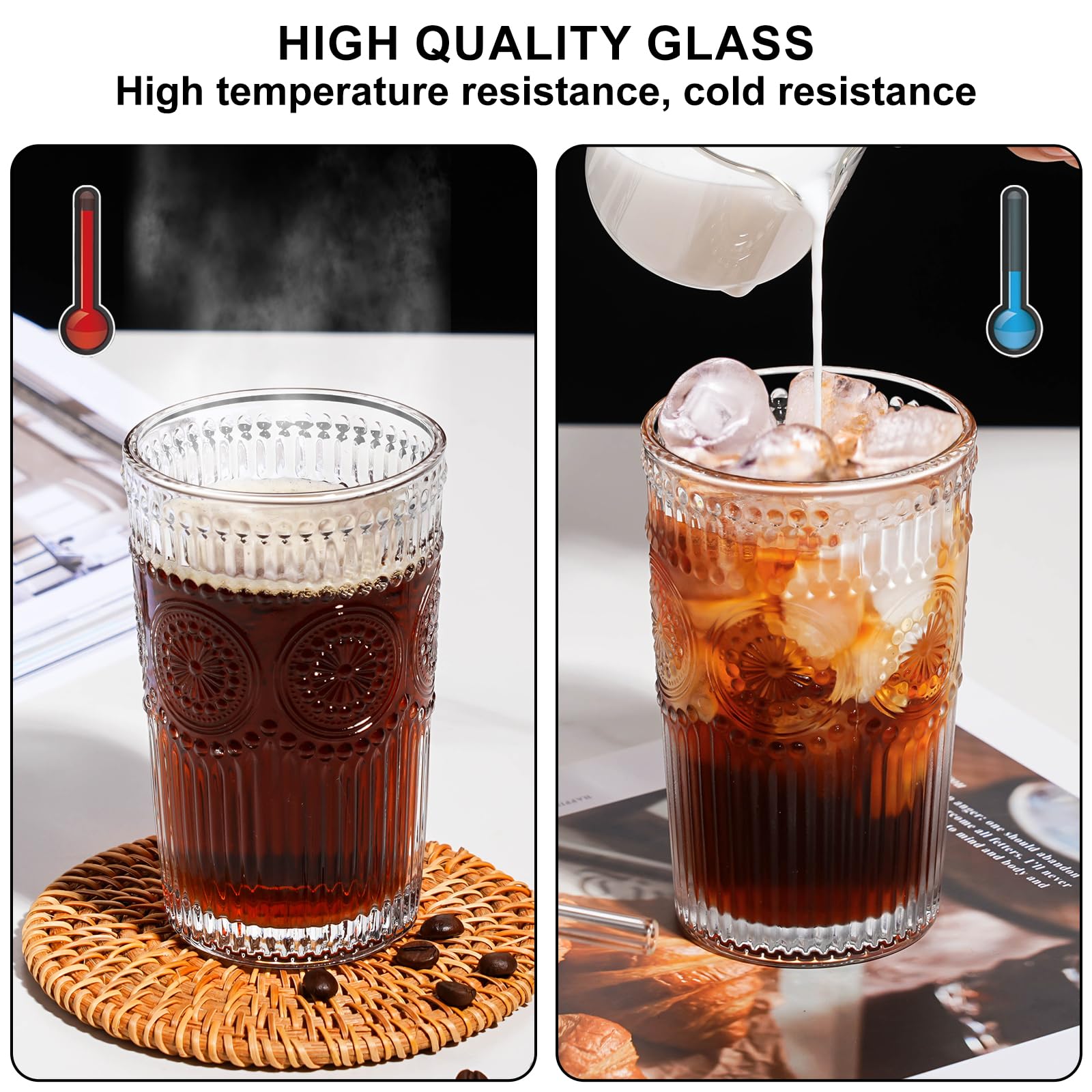 Baalaka Glass Cups with Lids and Straws, Glass Tumbler, 12 OZ Iced Coffee Cups, Drinking Glasses for Cocktails, Tea Cups with 1 Cleaning Brush