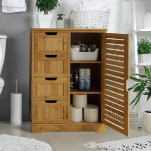 Yardenaler Bamboo Bathroom Storage Cabinet with 4 Drawers & 2 Removable Shelves, Freestanding Storage Organizer Multifunctional for Living Room, Bedroom, Natural