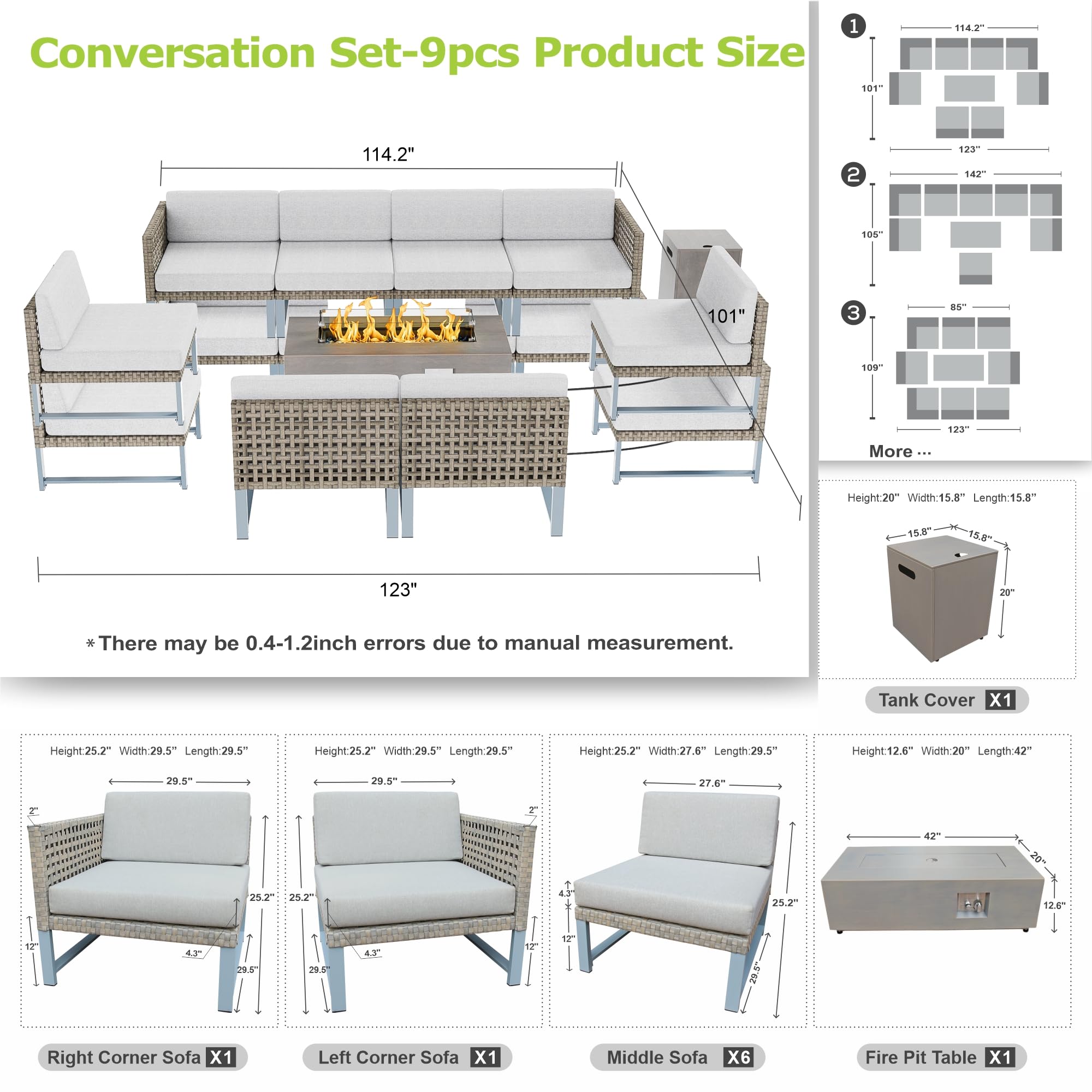 SUNPEAK Patio Furniture Set Outdoor Furniture Sectional Couch Fire Pit Table and Chairs Set with Propane Firepit (Light Brown Wicker, 9 pcs/42‘’ Rectangular Fire Pit)