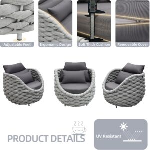 TWT Outdoor Patio Furniture, All-Weather Polyester Rope Balcony Furniture with Cushions & Pillows, Patio Couch Outdoor Patio Furniture Set for Patio, Balcony, Backyard, Deck, Poolside, Grey