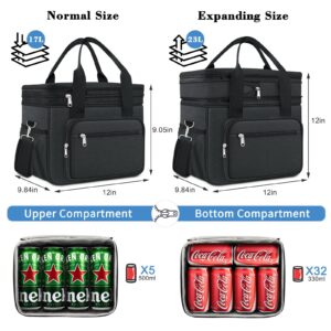 Coobiiya Large Cooler Lunch Box for Men, 23L Expandable Insulated Lunch Bag for Work/Adult with 4 Ice Packs&2 Snack Bags,Double Deck Leakproof Heavy Duty Cooler bags for Women/Travel/Picnic - Black