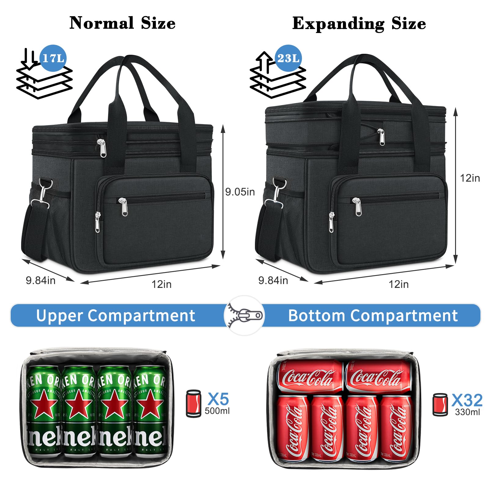 Coobiiya Large Cooler Lunch Box for Men, 23L Expandable Insulated Lunch Bag for Work/Adult with 4 Ice Packs&2 Snack Bags,Double Deck Leakproof Heavy Duty Cooler bags for Women/Travel/Picnic - Black