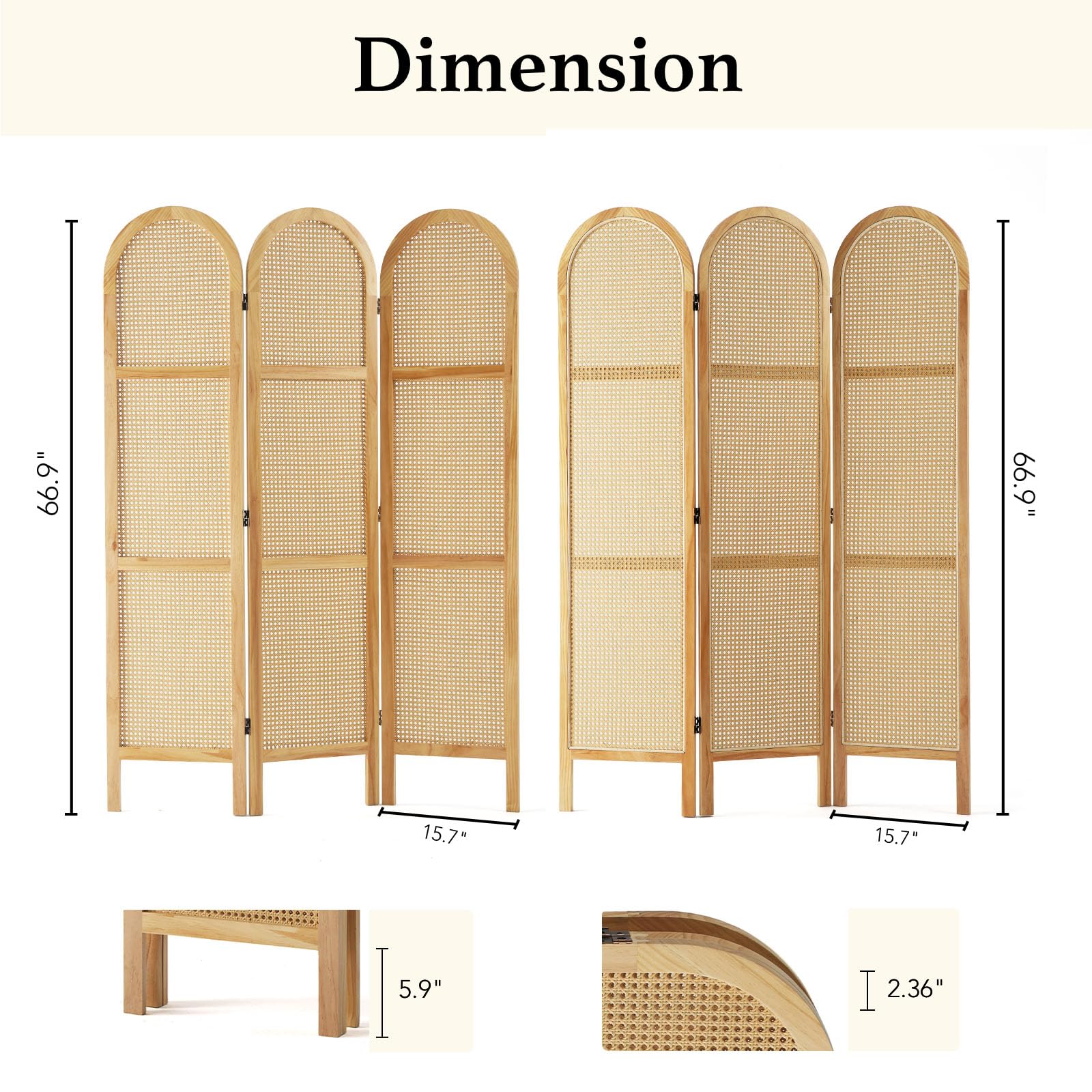 Svimi Room Dividers and Folding Privacy Screens, 5.6 Ft Double Hinged Rattan Partition Freestanding Wall Room Divider for Home - 3 Panels (Natural)