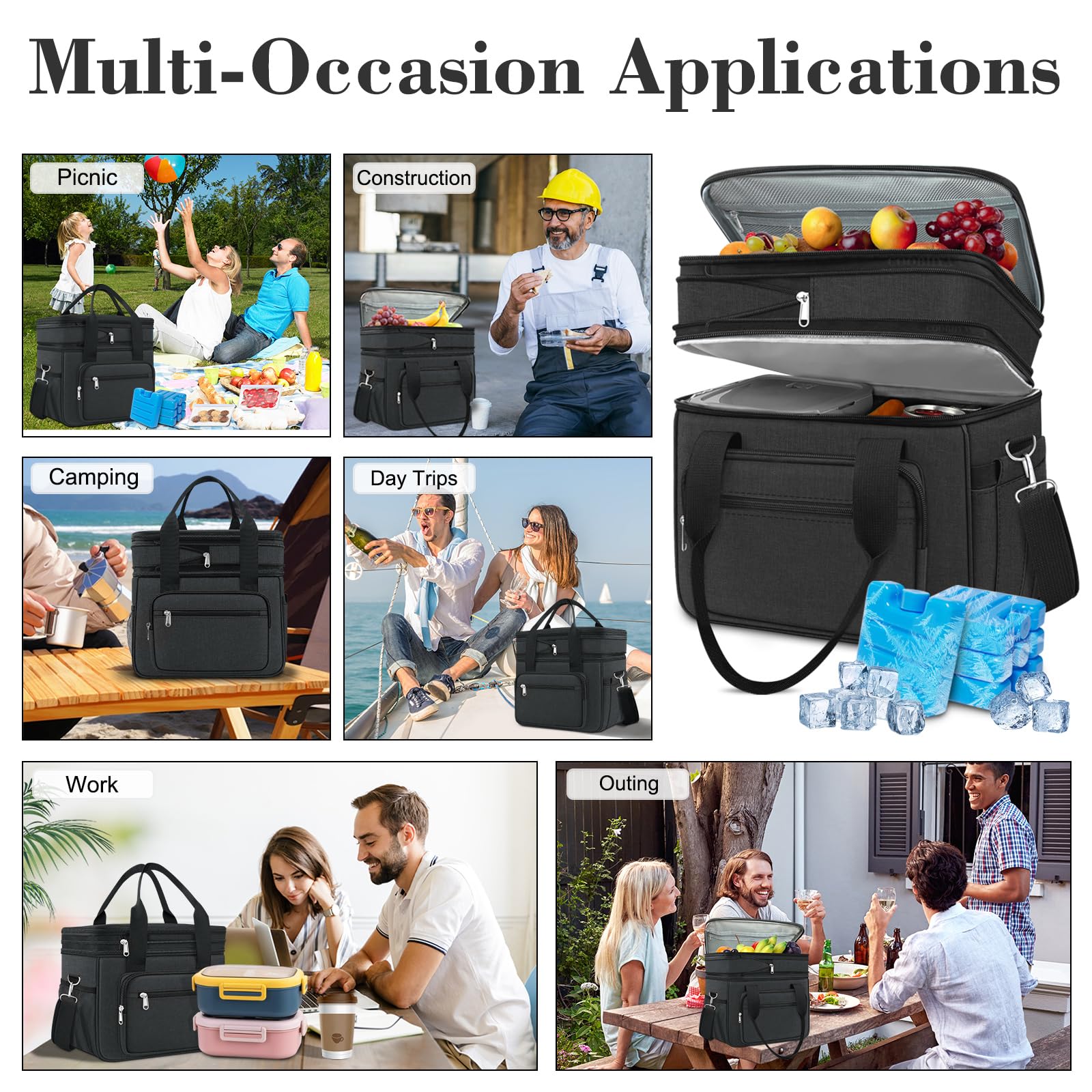 Coobiiya Large Cooler Lunch Box for Men, 23L Expandable Insulated Lunch Bag for Work/Adult with 4 Ice Packs&2 Snack Bags,Double Deck Leakproof Heavy Duty Cooler bags for Women/Travel/Picnic - Black