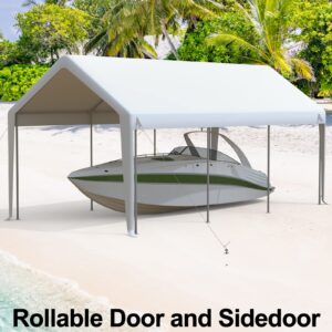 DEXSO 13'x20' Heavy Duty Carport Canopy, Portable Garage with Reinforced Frame, for Full-Size Pickup, Bass Boat, and Equipment, White