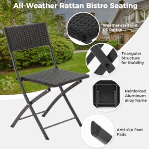 3 Pieces Outdoor Patio Bistro Set, All Weather Brown PE Rattan Patio Furniture Sets with Folding Patio Square Table and Chairs for Garden,Backyard,Balcony,Porch (Black)