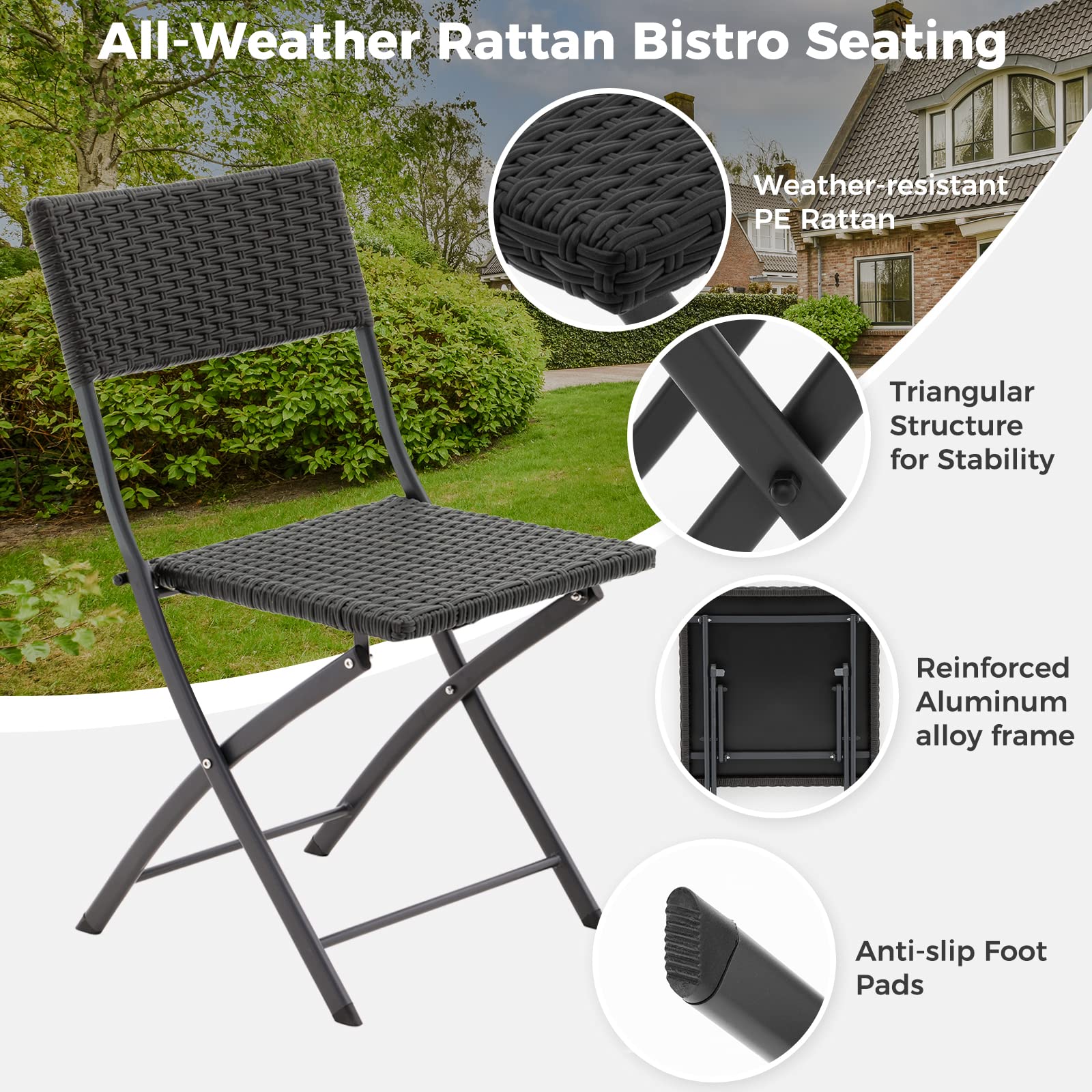 3 Pieces Outdoor Patio Bistro Set, All Weather Brown PE Rattan Patio Furniture Sets with Folding Patio Square Table and Chairs for Garden,Backyard,Balcony,Porch (Black)