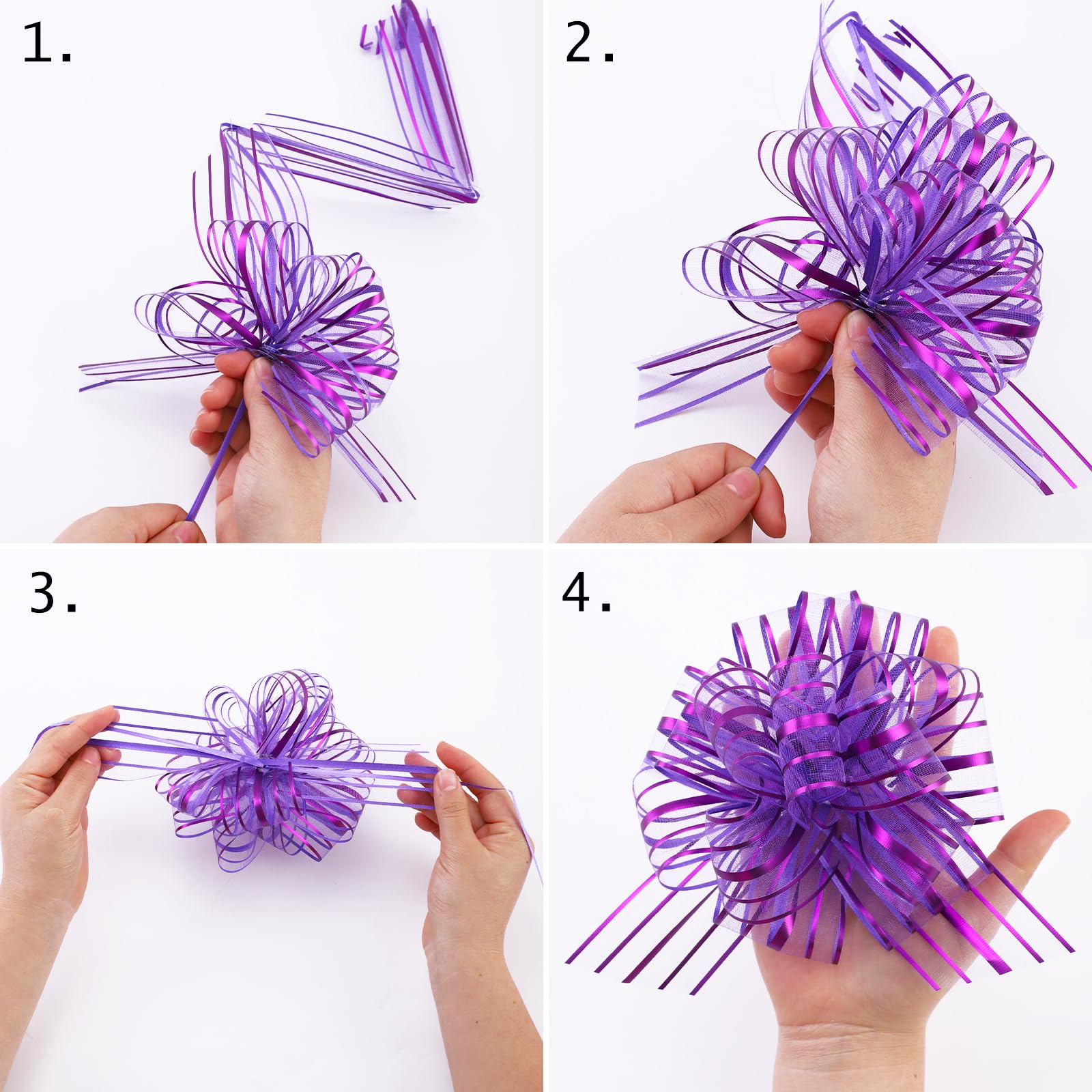 6 Pieces Pull Bow Large 6 Inch Organza Pull Bow Present Wrapping Pull Bow with Ribbon for Gift Wrapping Baskets Wedding (Purple)