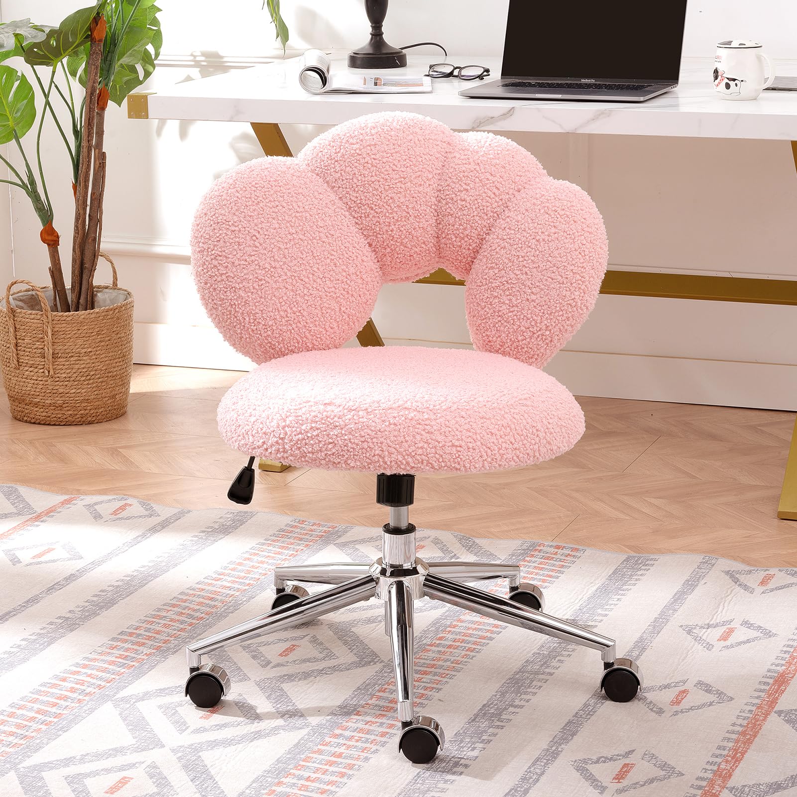 Home Office Chair Criss Cross Chair with Wheels, Upholstered Chairs with 360 Swivel, Height Adjustable Swivel Computer Task Chairs for Living Room, Bedroom, Vanity, Study（Pink）