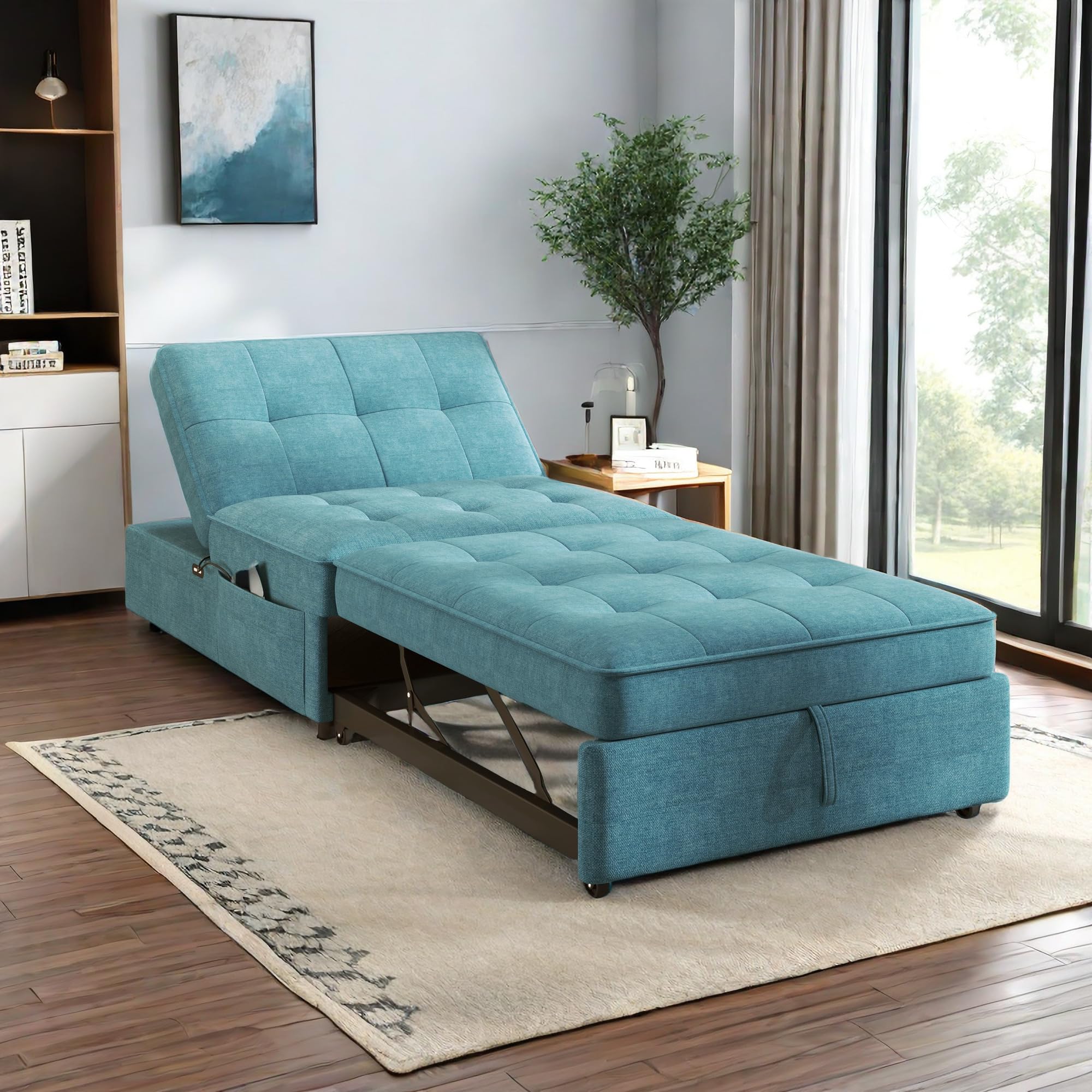 NicBex Pull-Out Sofa Practical Sofa Bed with Storage Folding Chair Bed Convertible Chair to Bed with Storage Pocket and USB Port for Small Room Apartment, Living Room, Teal